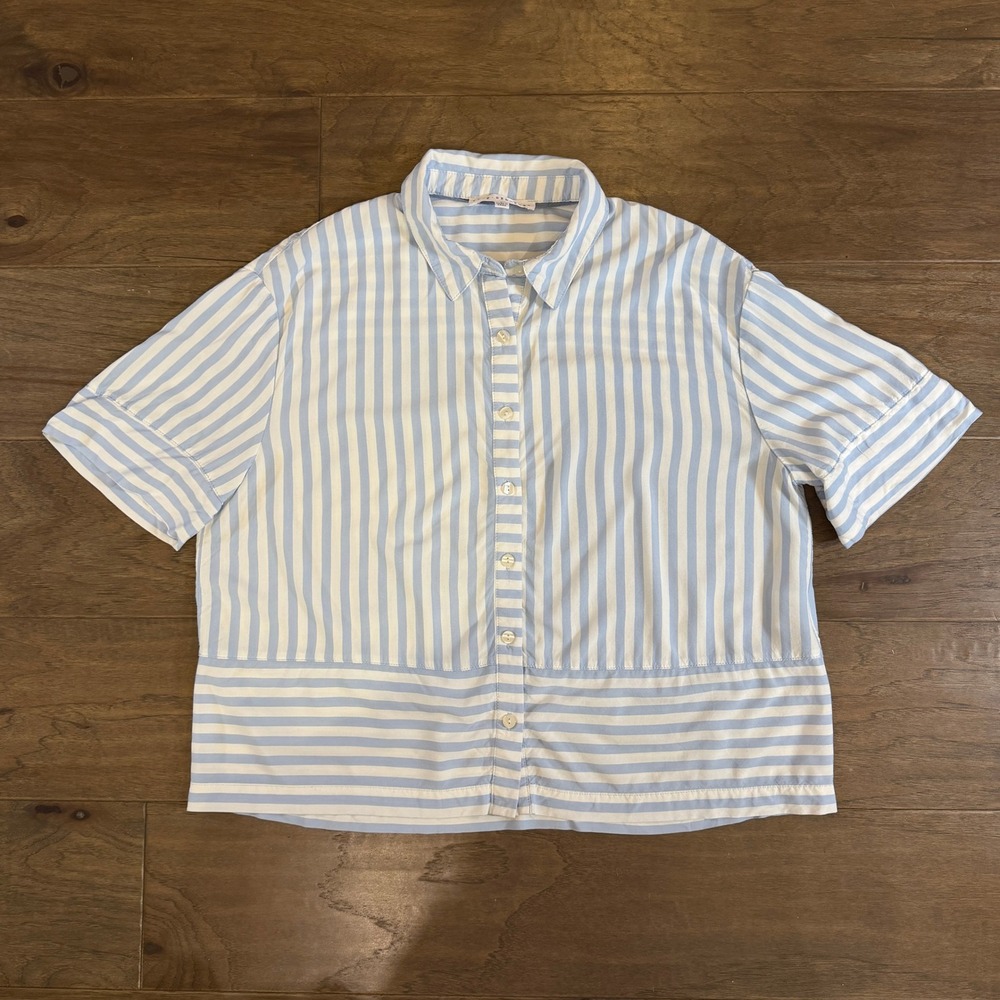 Jane + Delancey Blue White Striped Rayon‎ Button Down Short Sleeve Shirt Large